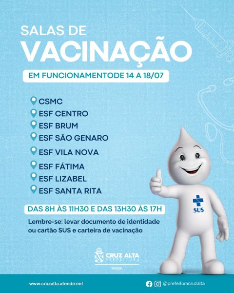 Salas de vacinação seguem abertas em Cruz Alta nesta semana 