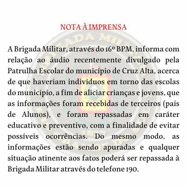 Brigada Militar de Cruz Alta divulga nota sobre áudios das redes sociais