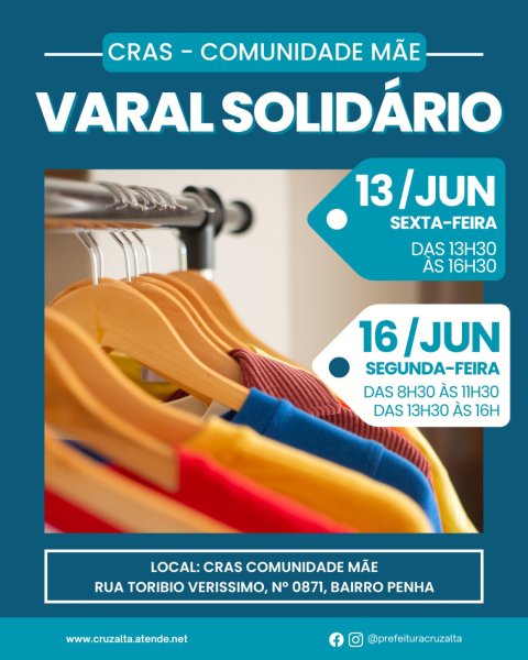 CRAS Comunidade Mãe realiza edição do Varal Solidário nesta segunda dia 16