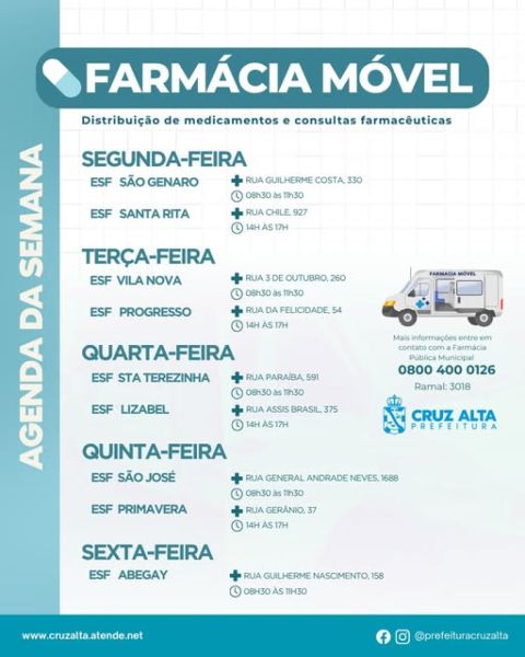 Farmácia Móvel leva medicamentos aos bairros de Cruz Alta 