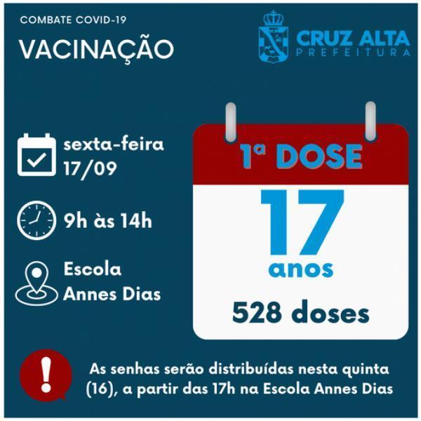 Cruz Alta vai começar a vacinar adolescentes de 17 anos sem comorbidades