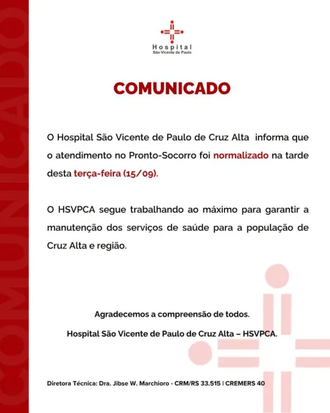 Hospital São Vicente de Paulo normaliza atendimento no Pronto-Socorro
