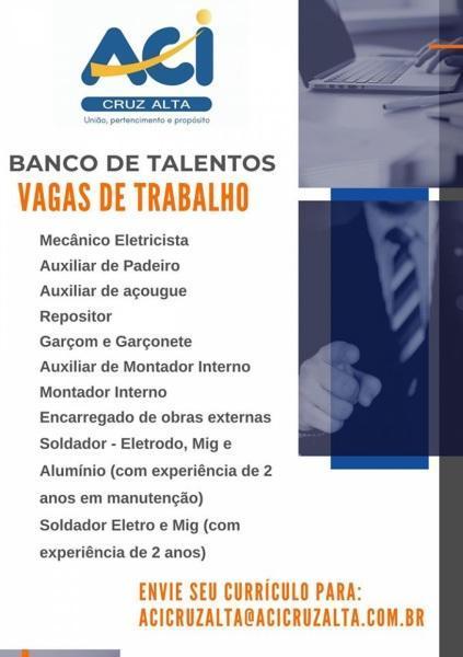 Banco de Talentos da ACI divulga vagas de trabalho para Cruz Alta