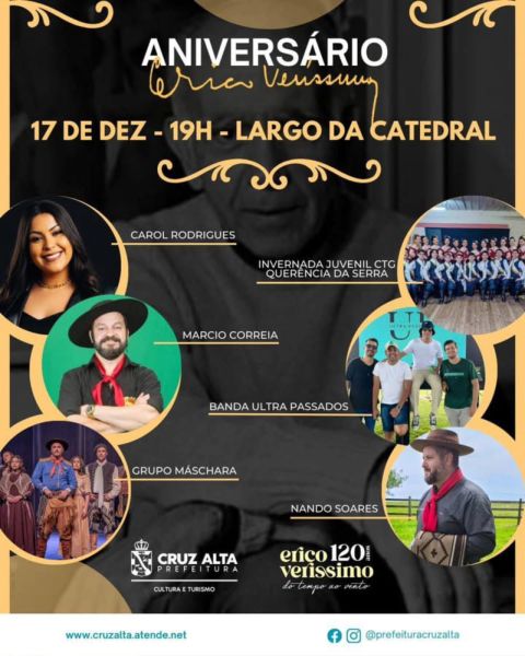 QUARTA-FEIRA> Cruz Alta celebra 120 anos de Erico Verissimo com noite cultural