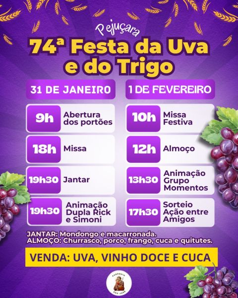 Pejuçara realiza a 74ª Festa da Uva e do Trigo no final do mês de Janeiro