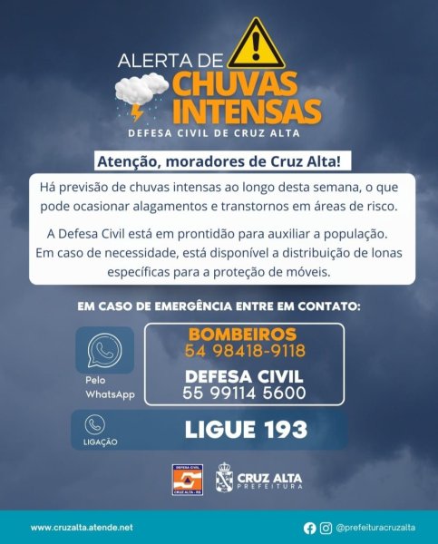 Defesa Civil de Cruz Alta emite alerta para chuvas intensas na região
