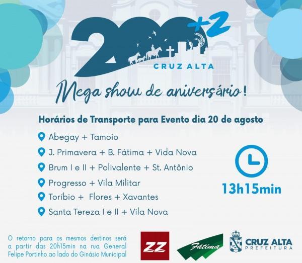 CRUZ ALTA 202 ANOS:O transporte público será Gratuito no domingo de shows
