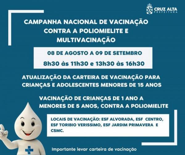 Vacinação contra a poliomielite segue em Cruz Alta