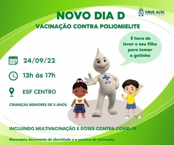 Novo dia D de vacinação contra a poliomielite em Cruz Alta será 24 de Setembro
