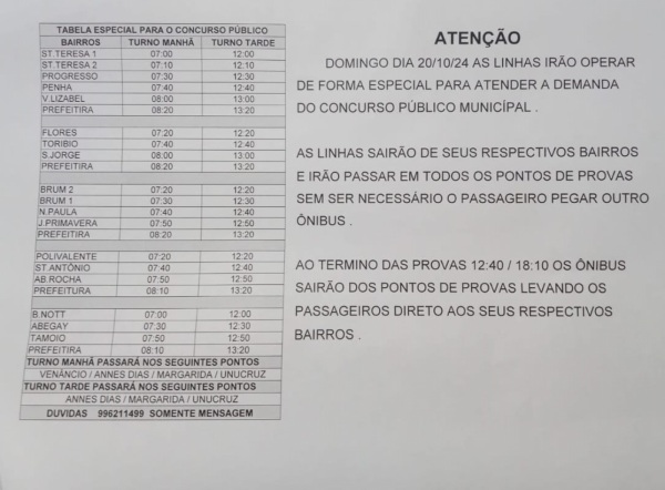 CONCURSO: Transporte Coletivo terá horário diferenciado neste domingo