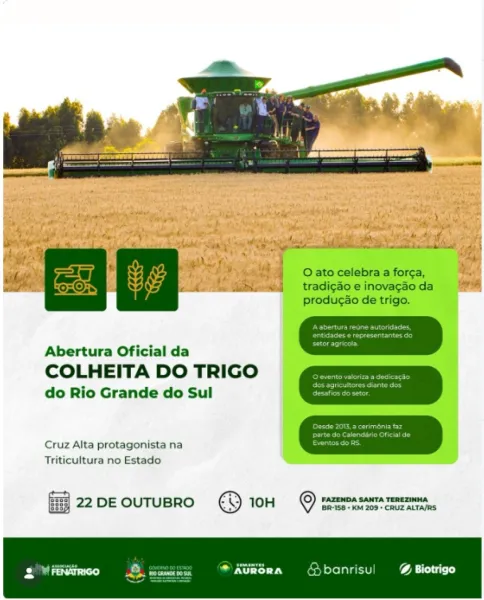 Abertura da colheita do trigo no RS será em 22 de outubro, em Cruz Alta