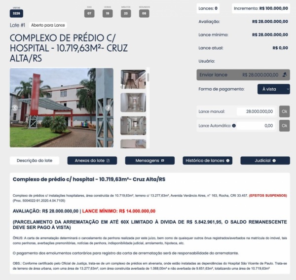 Hospital São Vicente de Paulo divulga nota esclarecimento sobre leilão