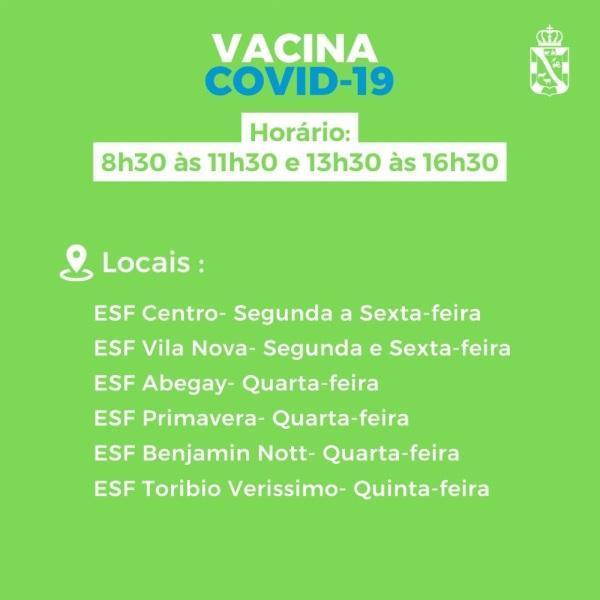 Vacinação contra covid-19 na quarta: ESFs Centro, Primavera, Abegay e B. Nott