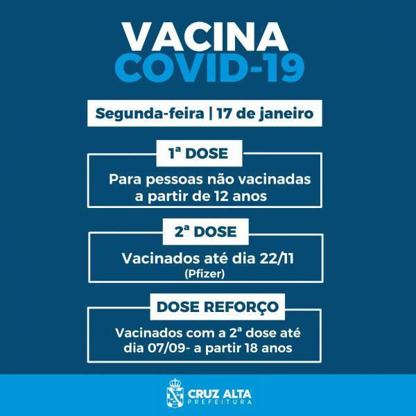 Vacinação contra a Covid-19 continua nesta segunda em Cruz Alta