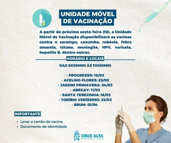 Unidade móvel de vacinação retorna nesta sexta-feira nos bairros de Cruz Alta