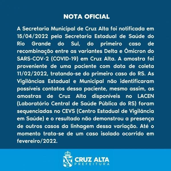 Prefeitura divulga nota sobre  1º Caso de deltacron no RS registrado em C.Alta