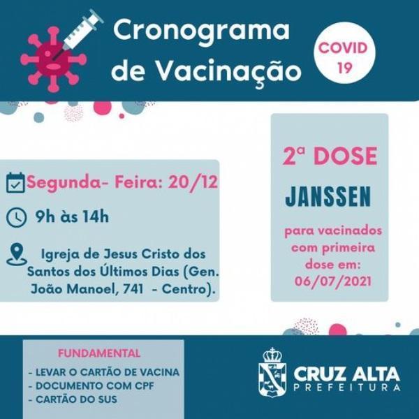 Segunda-feira tem aplicação da 2ª dose da JANSSEN em Cruz Alta 