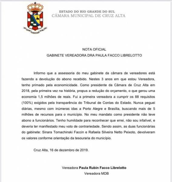 Vereadora Dra. Paula informa devolução de 