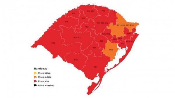 RS fica com 19 regiões em vermelho e duas em laranja 