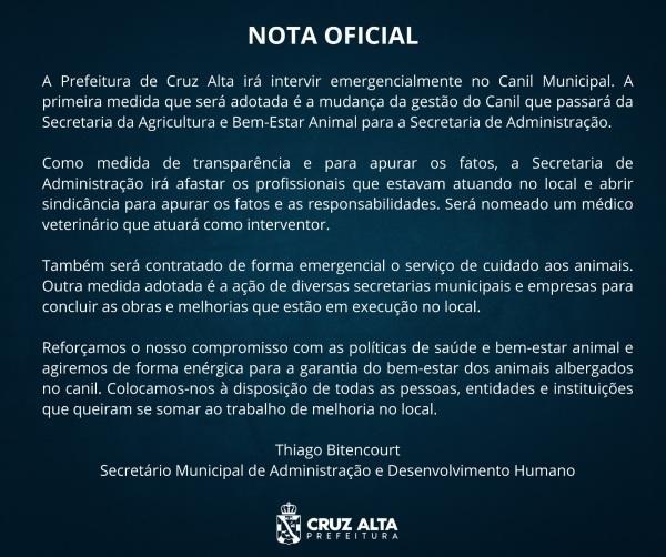 Prefeitura divulga nota oficial e anuncia medidas emergenciais sobre o Canil 