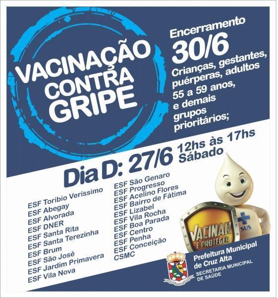 Dia D de vacinação contra a gripe ocorrerá dia 27 de junho