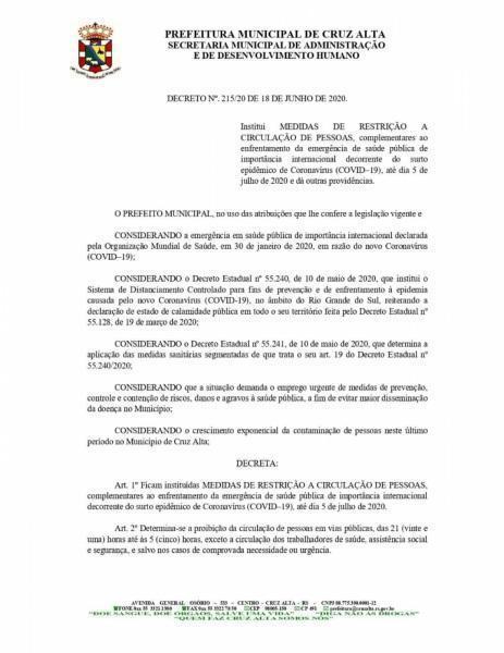 AMANHÃ COMEÇA O TOQUE DE RECOLHER EM CRUZ ALTA