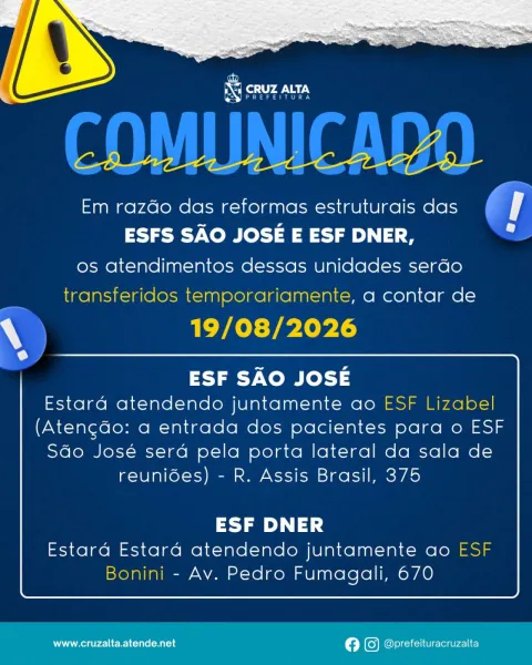 Atendimentos das ESFs São José e DNER serão transferidos a partir desta quarta