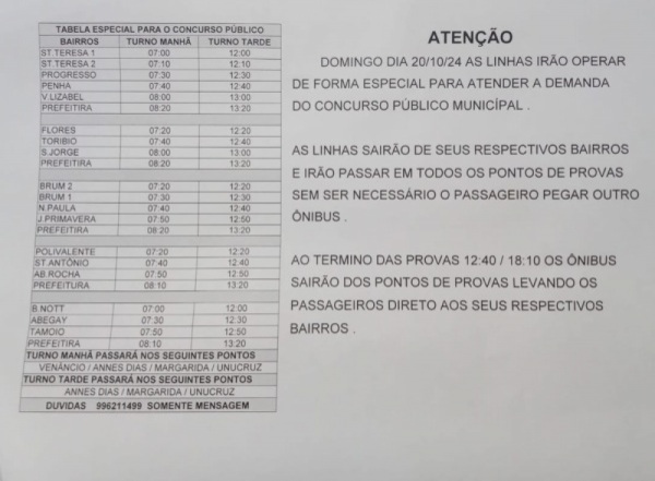 CONCURSO PÚBLICO: Transporte Coletivo terá horário diferenciado no domingo