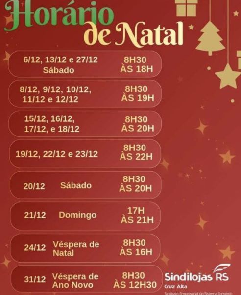 HORÁRIO DE NATAL> Hoje  o comércio de Cruz Alta fica aberto até às 22h