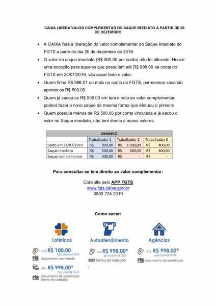 Caixa libera valor complementar do saque Fgts a partir do dia 20.12