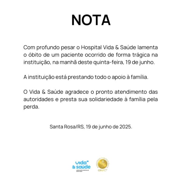 Paciente morre após queda do sétimo andar de hospital em Santa Rosa