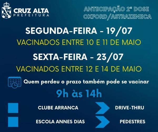 Hoje tem vacinação da 2ª dose de Oxford em Cruz Alta
