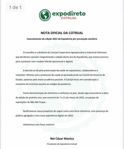 Edição 2021 da Expordireto é cancelada 