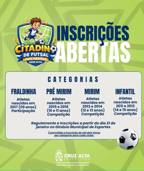 Abertas as inscrições para o Citadino de Futsal de Menores em Cruz Alta
