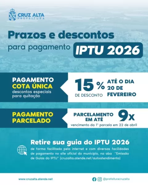 TERMINA HOJE>Prazo final para desconto de até 15% no IPTU 2026 em Cruz Alta