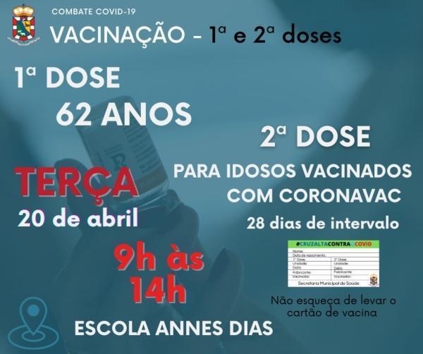 Vacinação hoje em Cruz Alta para 62 anos e segundas doses 