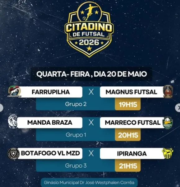 Citadino de Futsal 2026 tem três jogos nesta quarta-feira em Cruz Alta