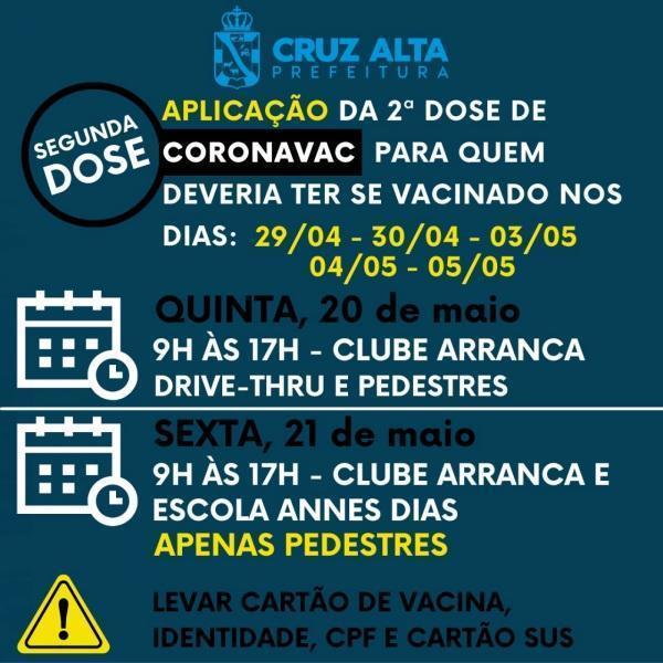Cruz Alta retoma vacinação da 2ª dose da CoronaVac nesta quinta-feira