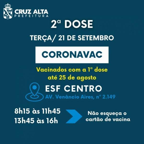 Na terça-feira tem vacinação da segunda dose contra a covid-19 em Cruz Alta