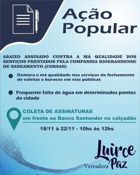 Luirce Paz inicia abaixo-assinado revindicando melhorias em serviços da Corsan