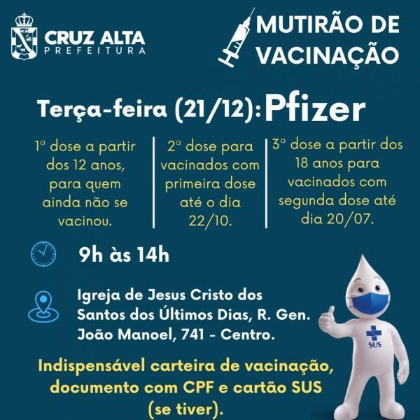 Terça-feira tem mutirão de vacinação contra a covid-19 com a vacina da PFIZER