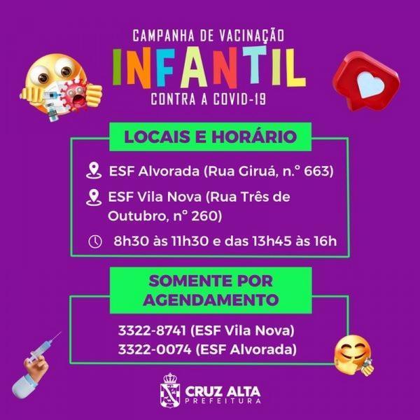 Vacinação em crianças muda de local e agora é por agendamento em Cruz Alta