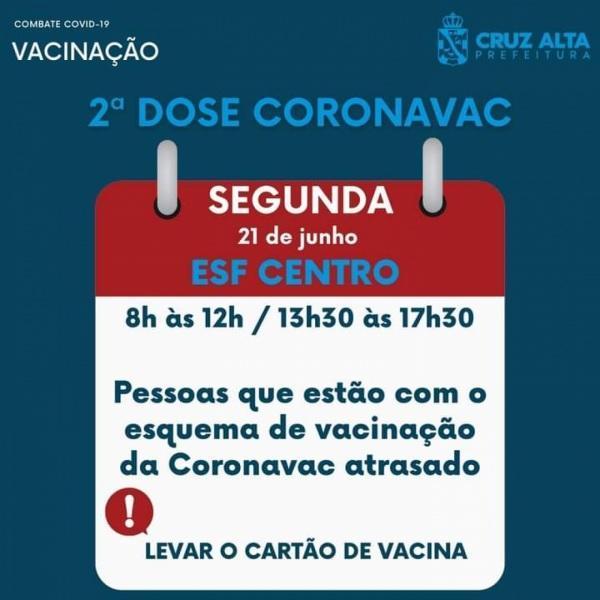 Segundas doses da Coronavac serão aplicadas a partir de hoje 