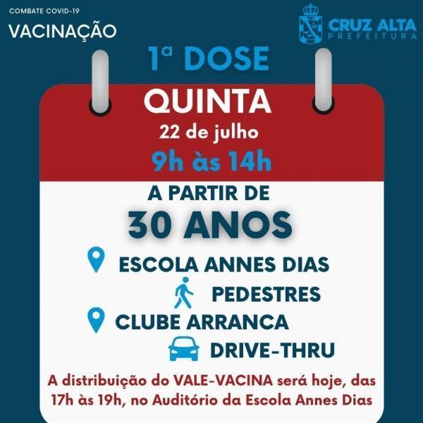 Vacinação contra a Covid-19 retorna na quinta para pessoas acima dos 30 anos