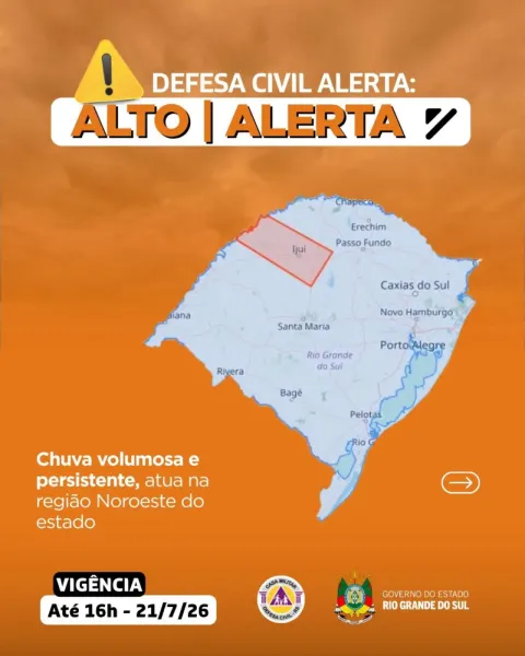 Defesa Civil emite alerta para chuva intensa; Cruz Alta está em área de risco