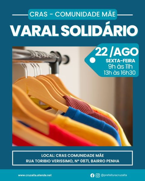 É HOJE> CRAS Mãe realiza Varal Solidário nesta sexta-feira em Cruz Alta