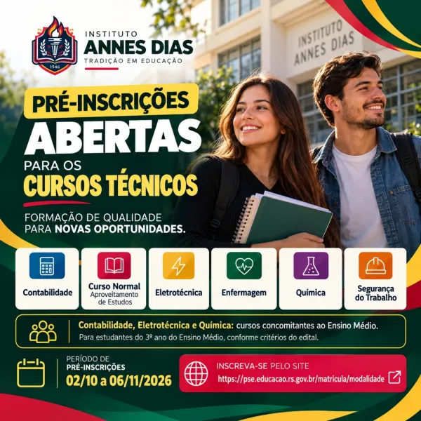 Instituto Annes Dias abre pré-inscrições para seis cursos técnicos