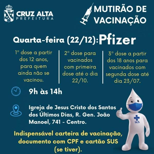 Na quarta continua o mutirão de vacinação contra a Covid-19 em Cruz Alta