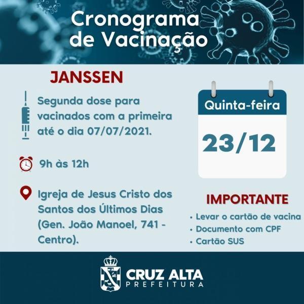 Na quinta tem a dose de reforço da Janssen em Cruz Alta