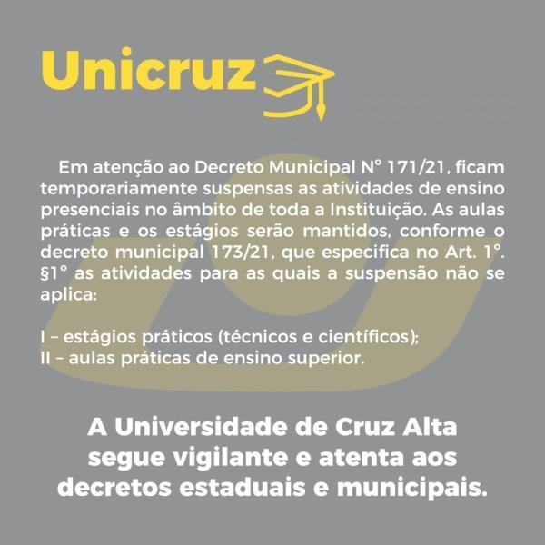 Unicruz suspende atividades presenciais